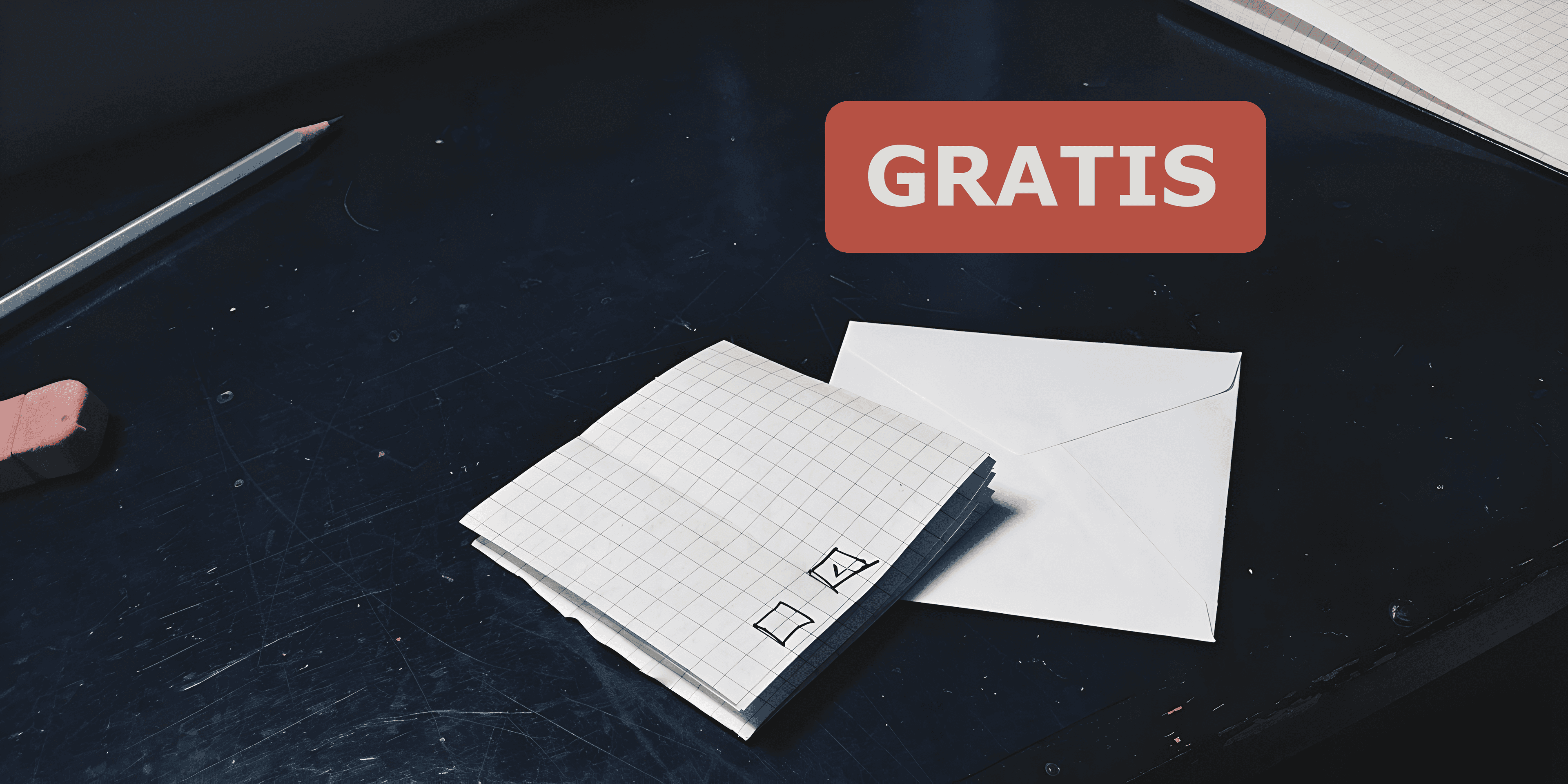 Sobre y nota de papel, estilo "nota de clase". Publicita el envío GRATUITO de una nota a domicilio.